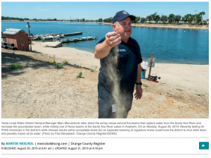 YLWD General Manager Marc Marcantonio talks about the sandy nature around the basins the capture water from the Santa Ana River and recharge the groundwater basin, while visiting one of those basins at the Santa Ana River Lakes in Anaheim, CA on Monday August 26, 2019.